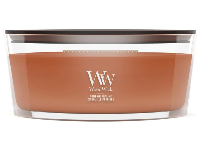 detail Vonná svíčka WoodWick Pumpkin Praline, široký knot 453 g