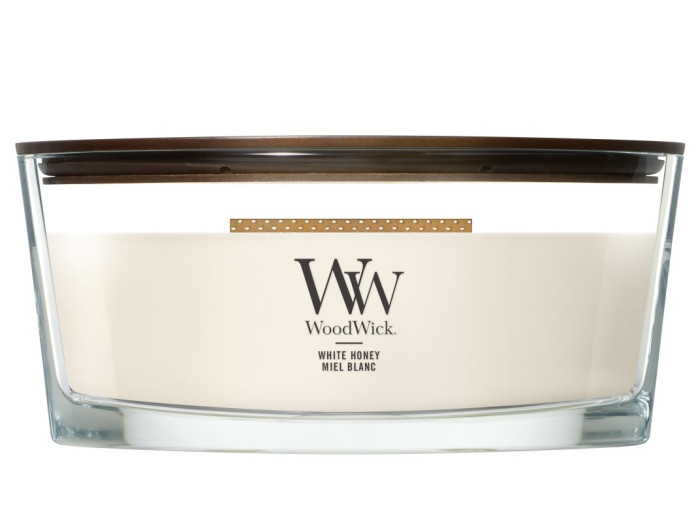 detail Vonná svíčka WoodWick White Honey, široký knot, 453,6 g