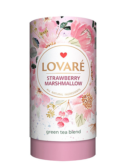 detail LOVARÉ Tubus 80 g STRAWBERRY MARSHMALLOW, sypaný zelený čaj s příchutí
