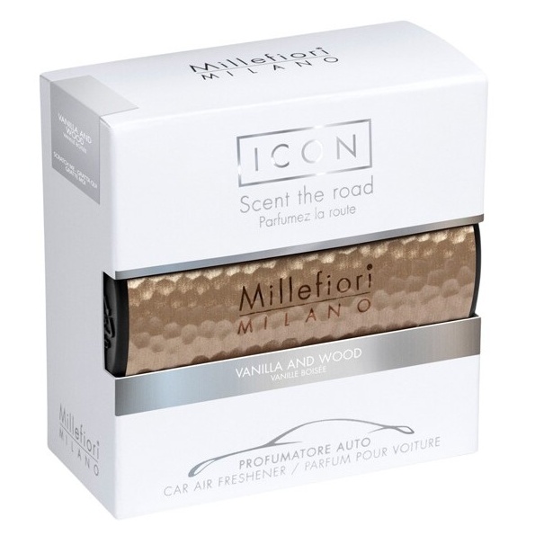 detail Millefiori Milano Icon VANILLA & WOOD, metal, vůně do auta 47 g