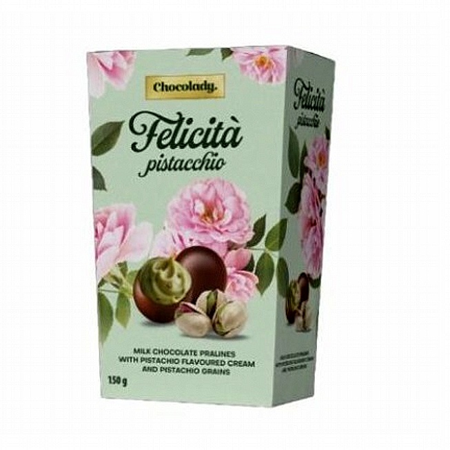 detail Chocolady FELICITÁ Pistacchio, mléčné pralinky s pistáciovým krémem 150g