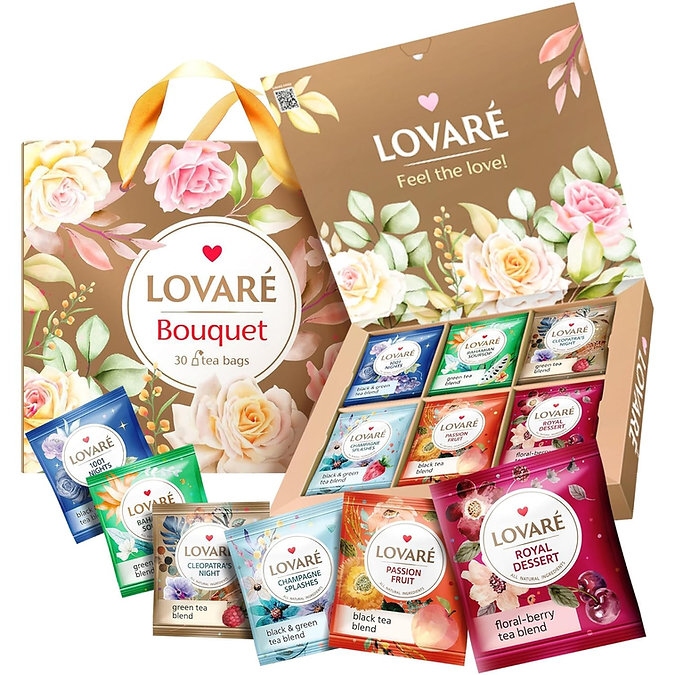 detail LOVARÉ 30 čajových sáčků - BOUQUET, Zlatá s růžemi
