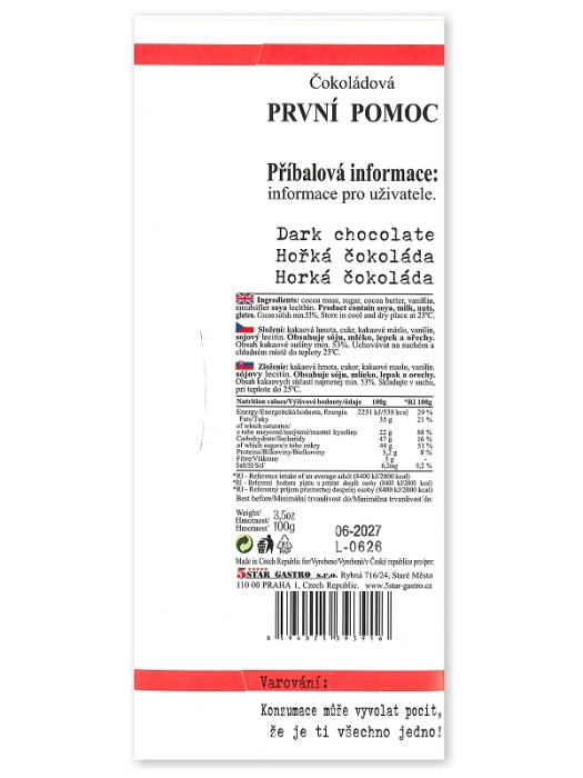 detail MASHA Čokoládová PRVNÍ POMOC, hořká čokoláda 100g