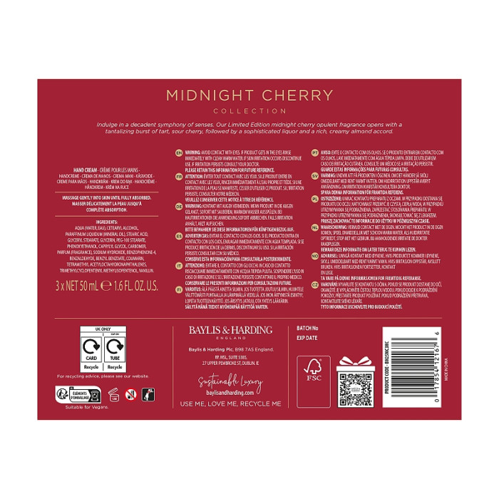 detail Baylis&Harding Midnight Cherry, dárková sada krémů na ruce, 3dílná
