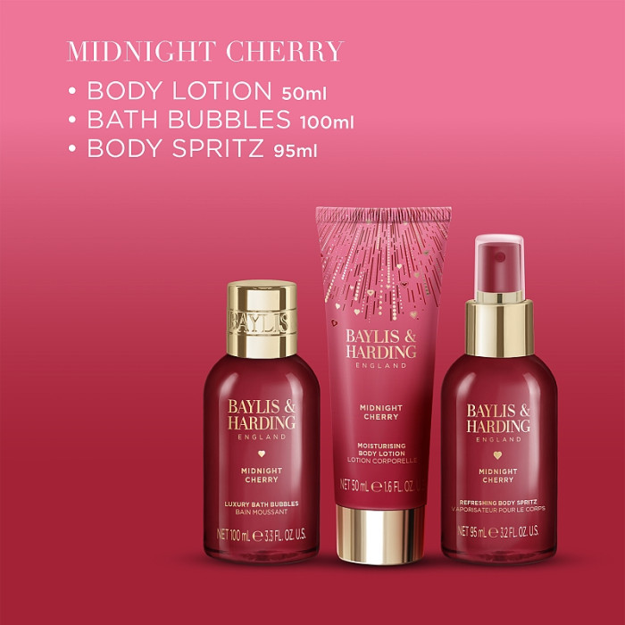 detail Baylis&Harding Midnight Cherry, dárková sada Pamper Trio, 3dílná