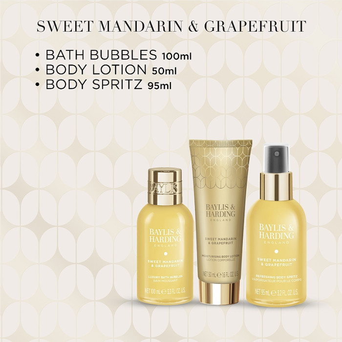 detail Baylis&Harding Mandarin&Grapefruit, dárkový set Pamper trio, 3dílný