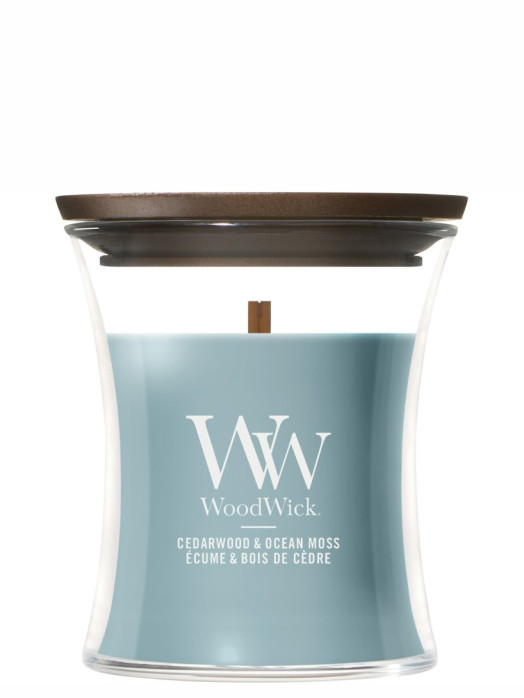 detail WoodWick CEDAR WOOD & OCEAN MOSS, malá svíčka 85g