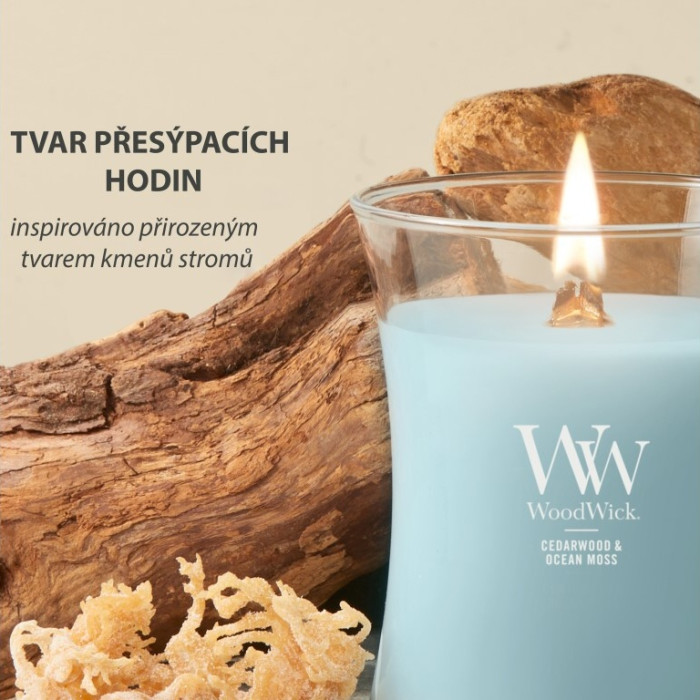 detail WoodWick CEDAR WOOD & OCEAN MOSS, malá svíčka 85g