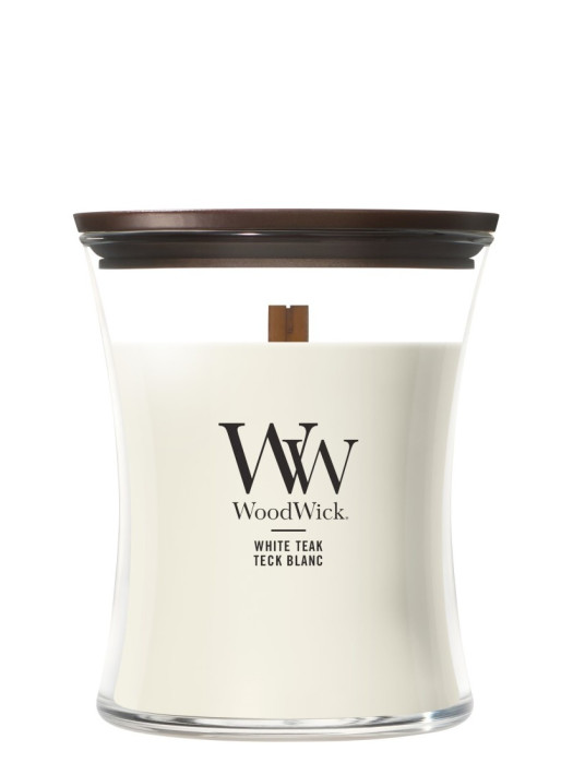 detail Vonná svíčka WoodWick White Teak, střední 275g