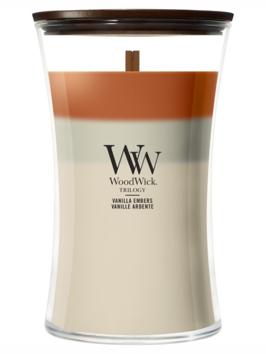 detail Vonná svíčka WoodWick Trilogy Vanilla Embers, velká 609 g