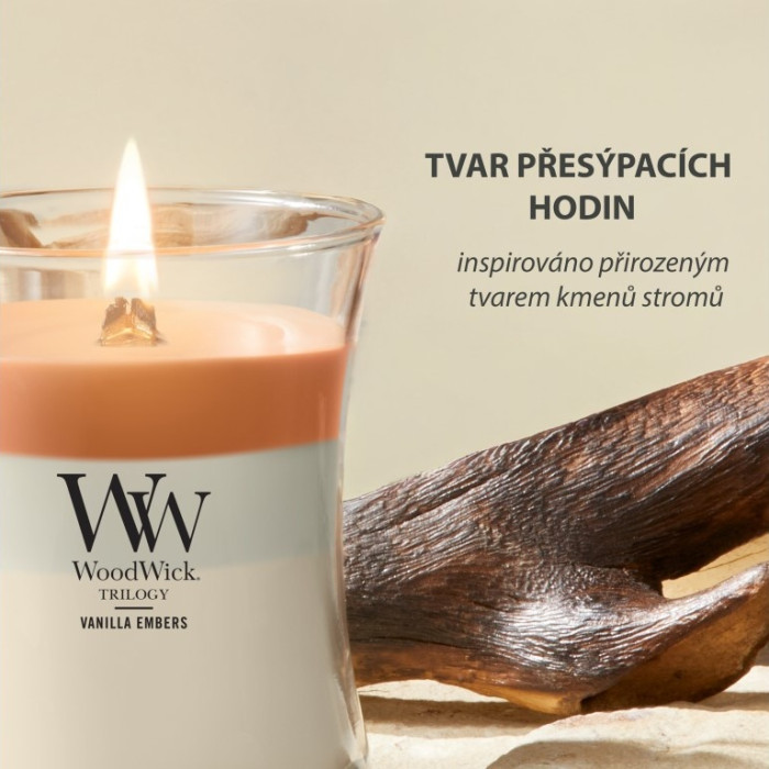 detail Vonná svíčka WoodWick Trilogy Vannila Embers, střední 275 g