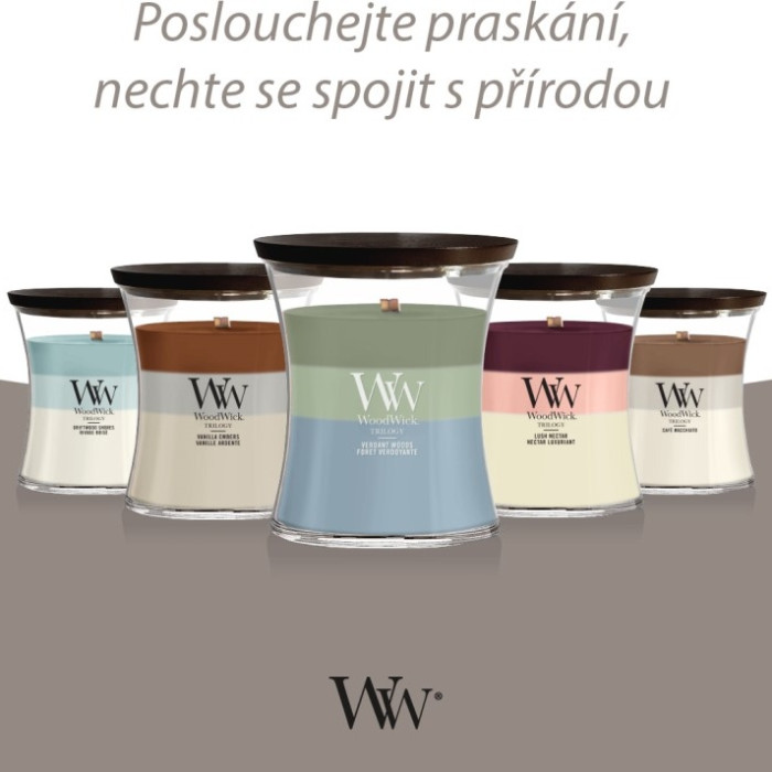 detail Vonná svíčka WoodWick Trilogy Verdant Woods, střední 275 g