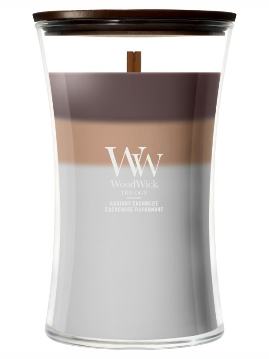 detail Vonná svíčka WoodWick Trilogy Radiant Cashmere, velká 609 g