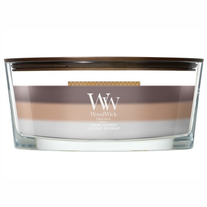 detail Vonná svíčka WoodWick Trilogy Radiant Cshmere, široký knot 453 g