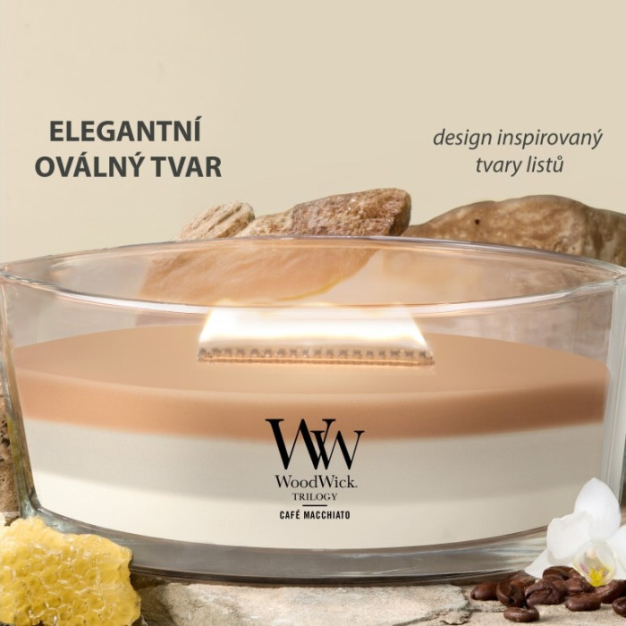 detail Vonná svíčka WoodWick Trilogy Café Macchiato, široký knot 453 g