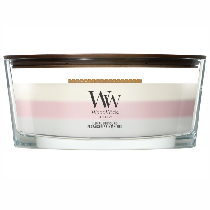 detail Vonná svíčka WoodWick Trilogy Floral Blossoms, široký knot 453 g