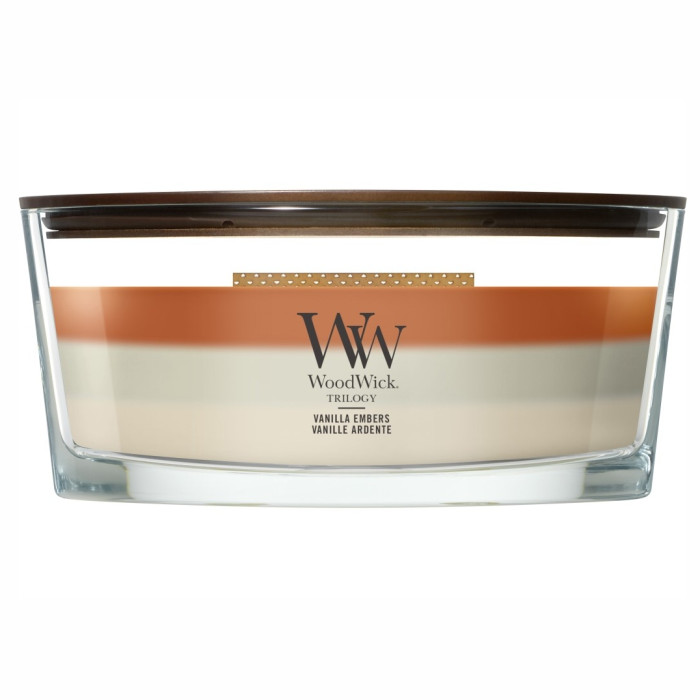 detail Vonná svíčka WoodWick Trilogy Vanilla Embers, široký knot 453 g