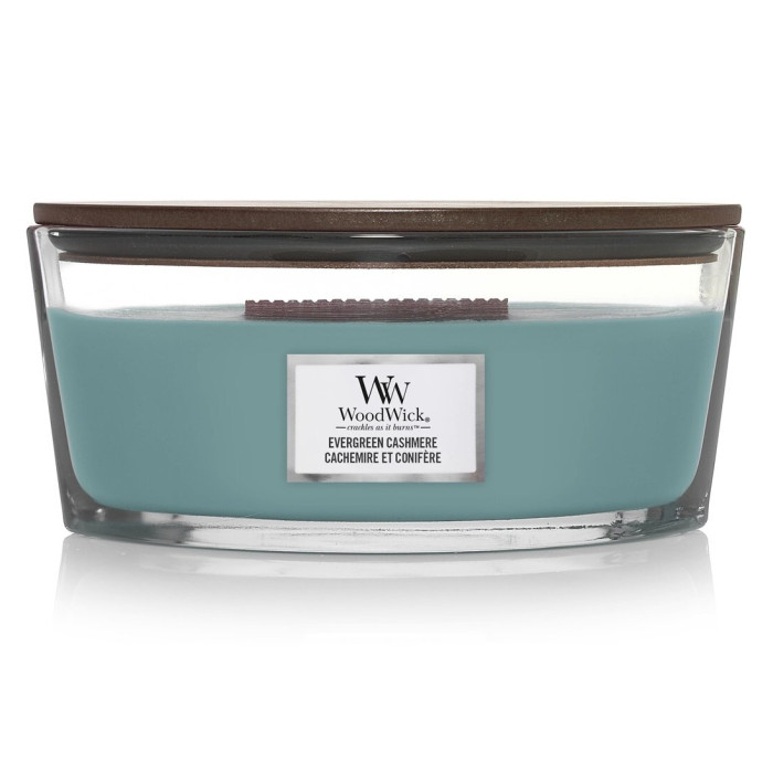 detail Vonná svíčka WoodWick EVERGREEN CASHMERE, široký knot 453 g