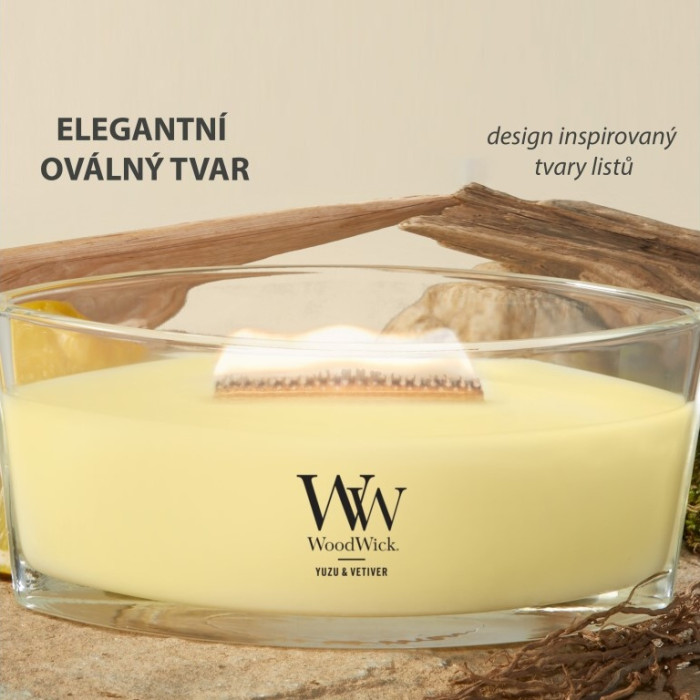 detail Vonná svíčka WoodWick YUZU & VETIVER, široký knot 453g