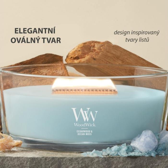 detail Vonná svíčka WoodWick Cedarwood & Ocean Moss, široký knot 453 g