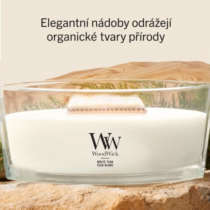 detail Vonná svíčka WoodWick White Teak, široký knot 453g