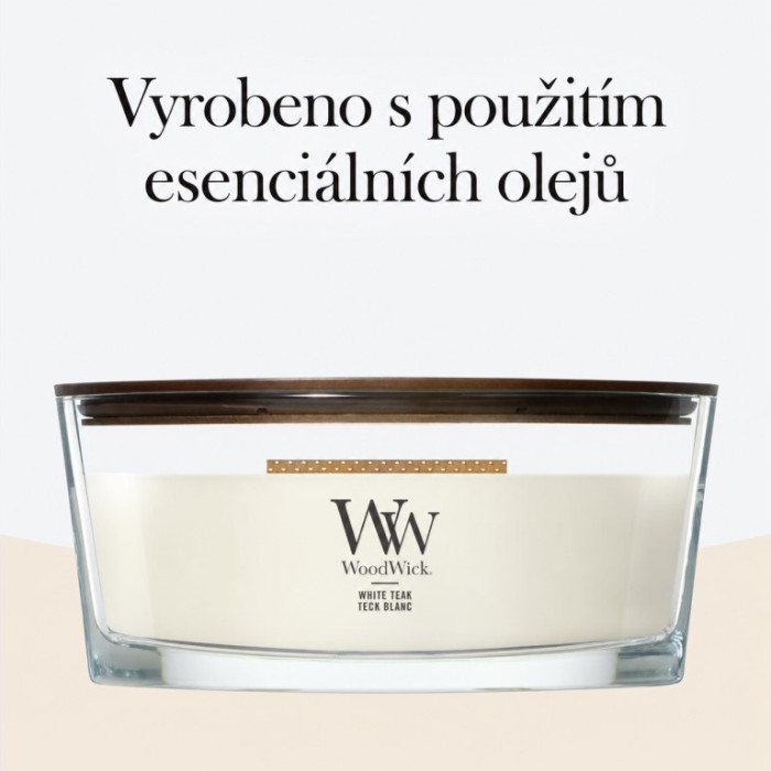 detail Vonná svíčka WoodWick White Teak, široký knot 453g