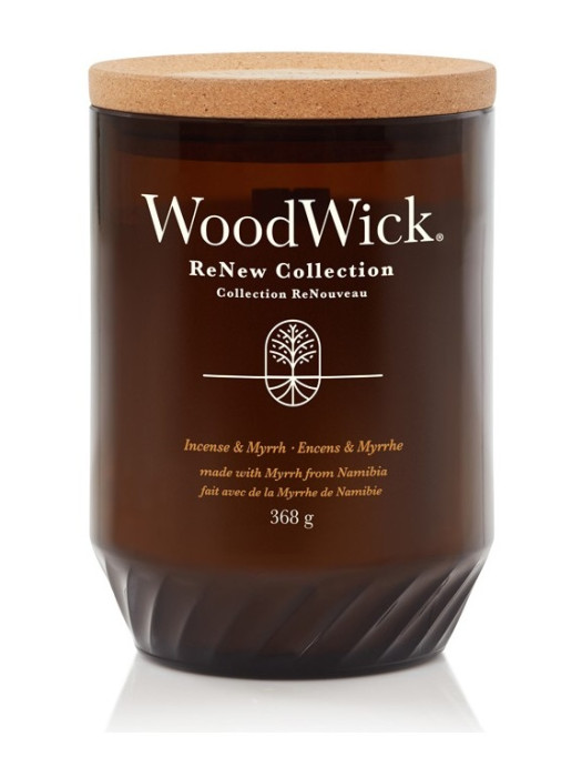 detail WoodWick ReNew INCENSE & MYRRH, velká svíčka 368 g