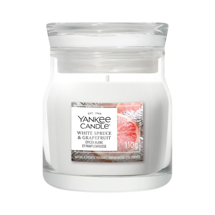detail Yankee Candle White Spruce & Grapefruit, signature malý 110g