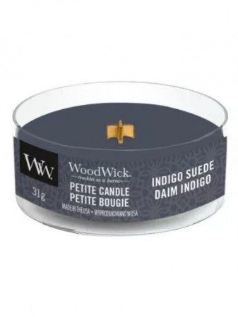 detail WoodWick PETITE - INDIGO SUEDE, vonná čajová svíčka 31 g